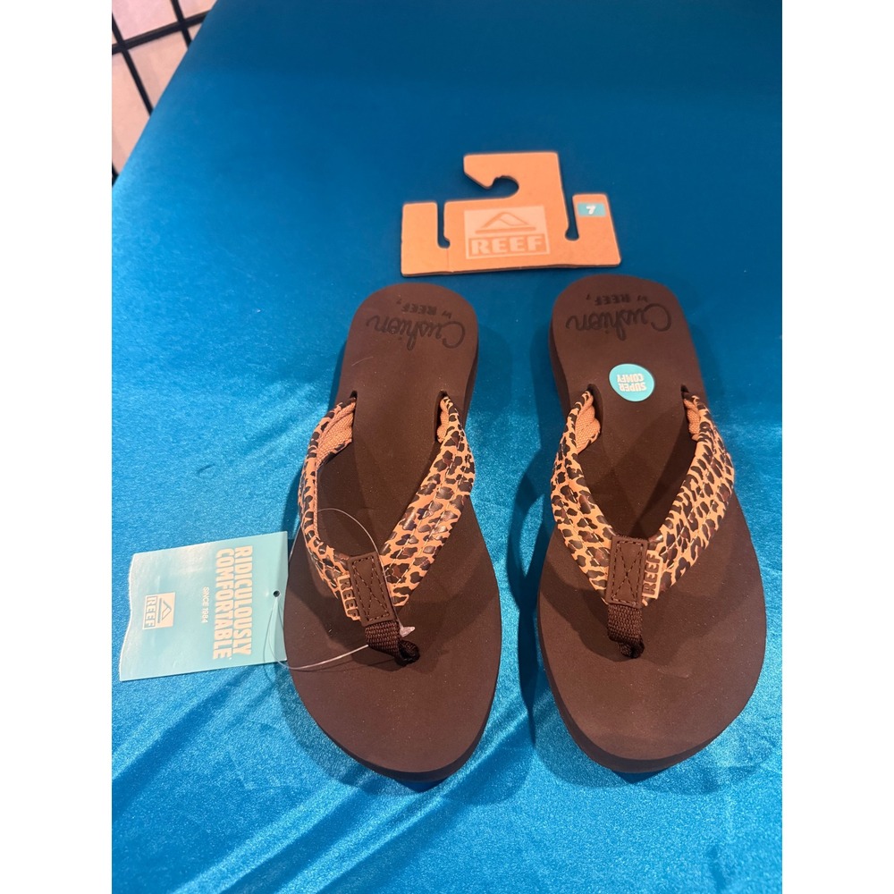 Reef Cushion Breeze Leopard Print Flip Flops Brown Sandals Womens 7 NEW